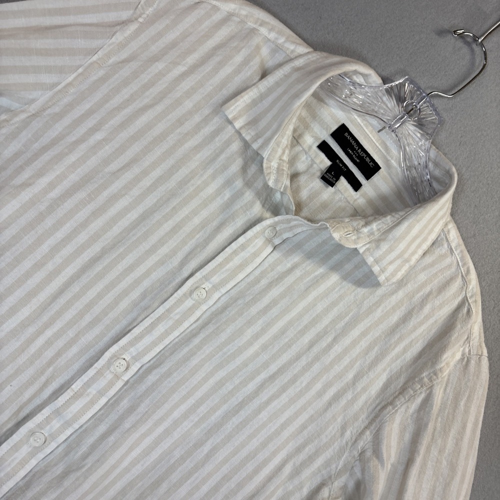 Banana Republic Mens Large Tailored Slim Fit 100% Linen Striped Shirt Tan White - Picture 1 of 8